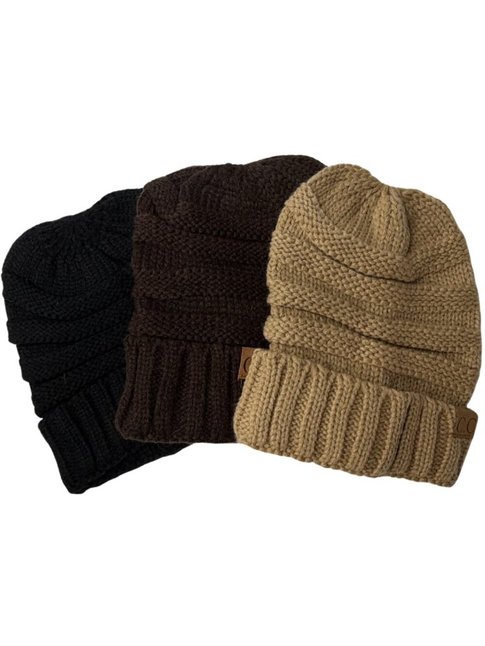 C.C. Cable Knit Beanie Hat Bundle Pack of 3 Neutral Black Brown Tan OS